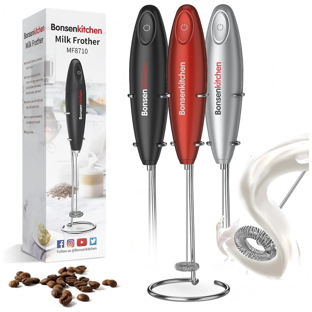 Espumador de Leite Elétrico a Bateria em Aço Inoxidável com Suporte, BONSENKITCHEN, Vermelho