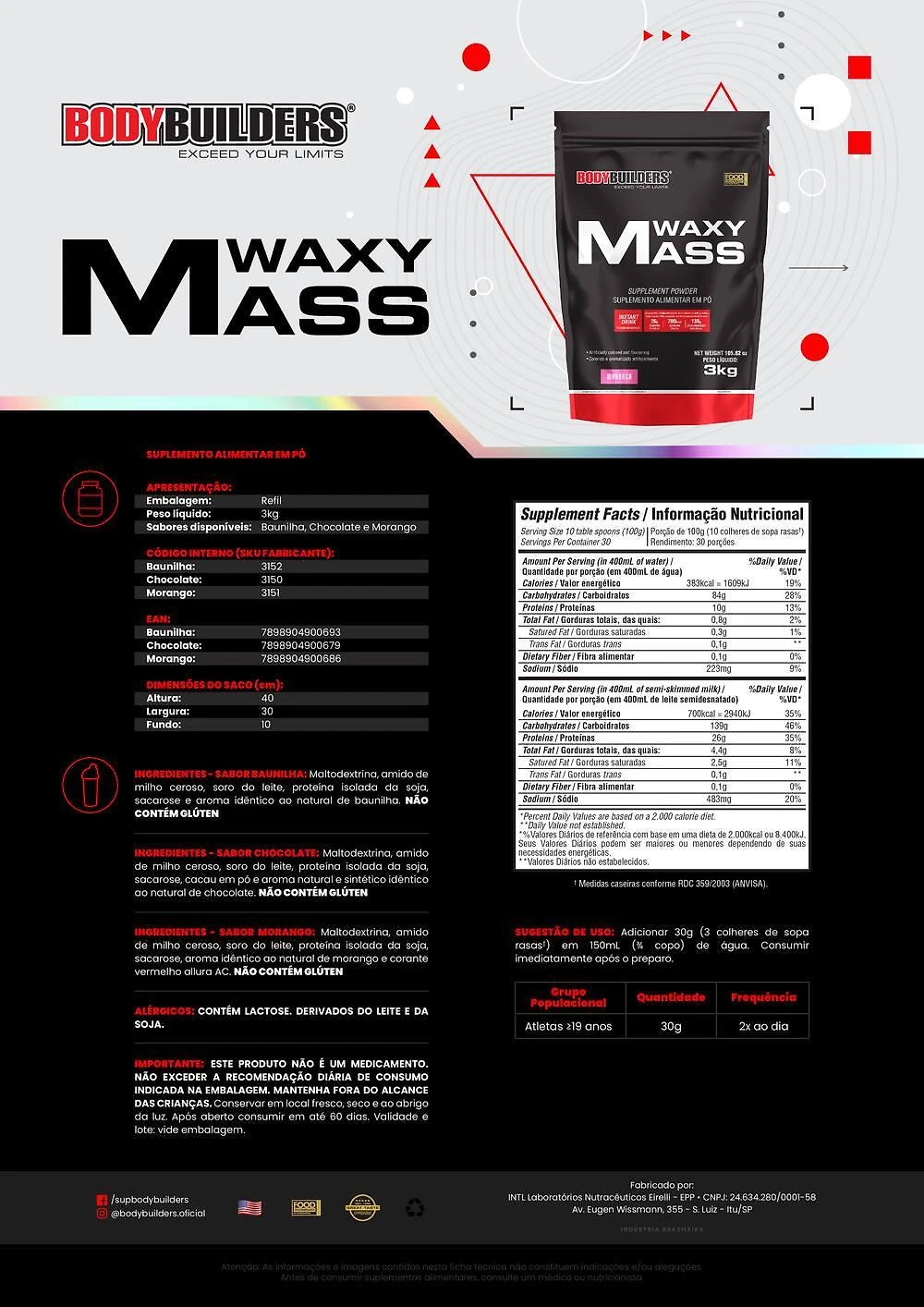 Miniatura Kit Hipercalórico Waxy Mass 3Kg+ Waxy Maize 800G Natural