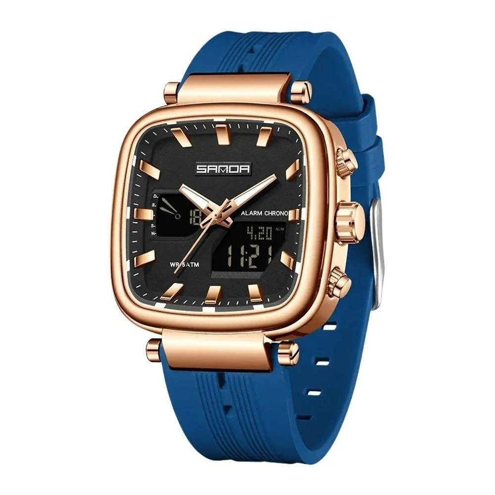 Relógio Eletrônico Masculino 6282 Analógico Digital Aço Inox LED Azul Dourado Sanda