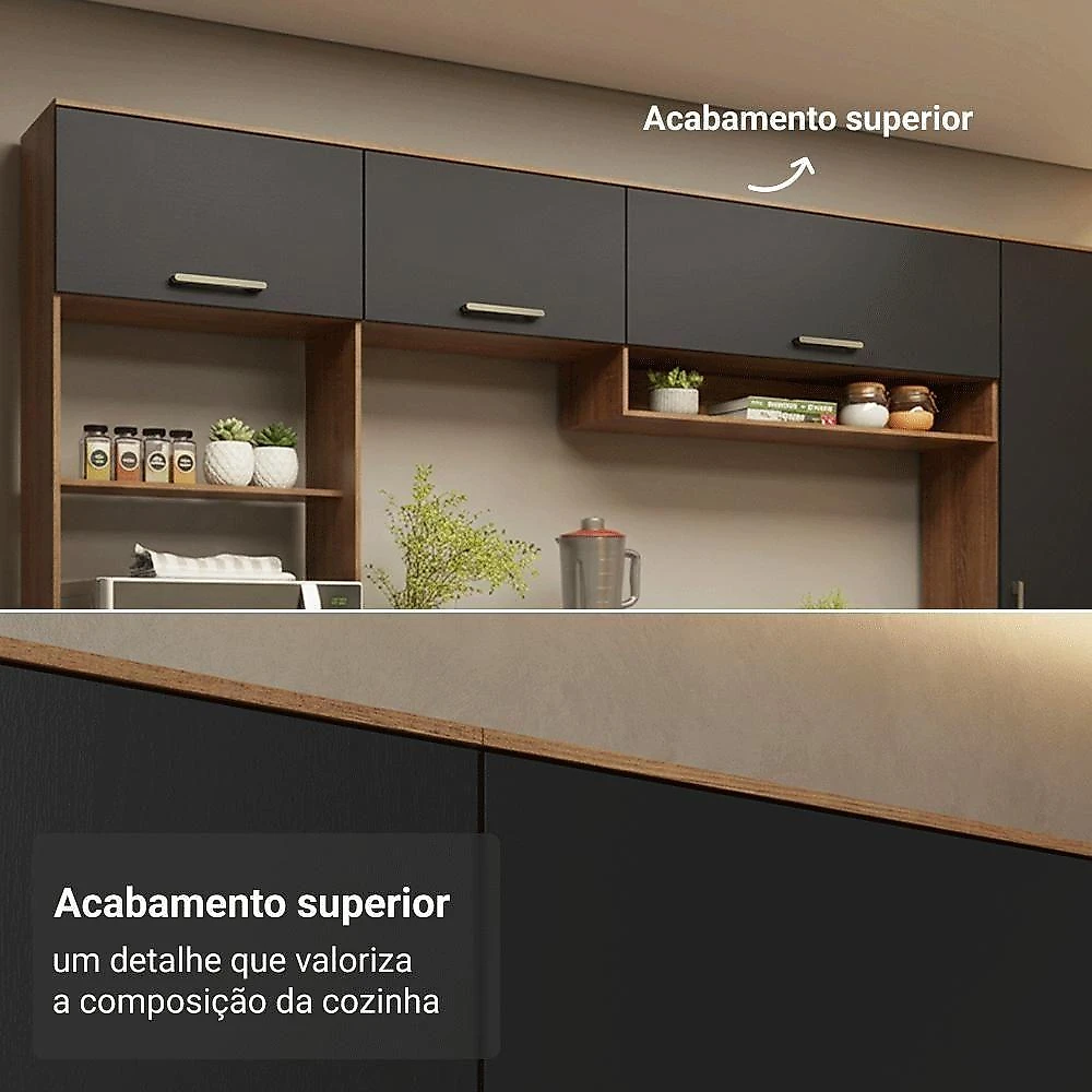 Cozinha Compacta Lille 12 Portas 1 Gaveta MDP 305CM Rustic-Preto Madesa