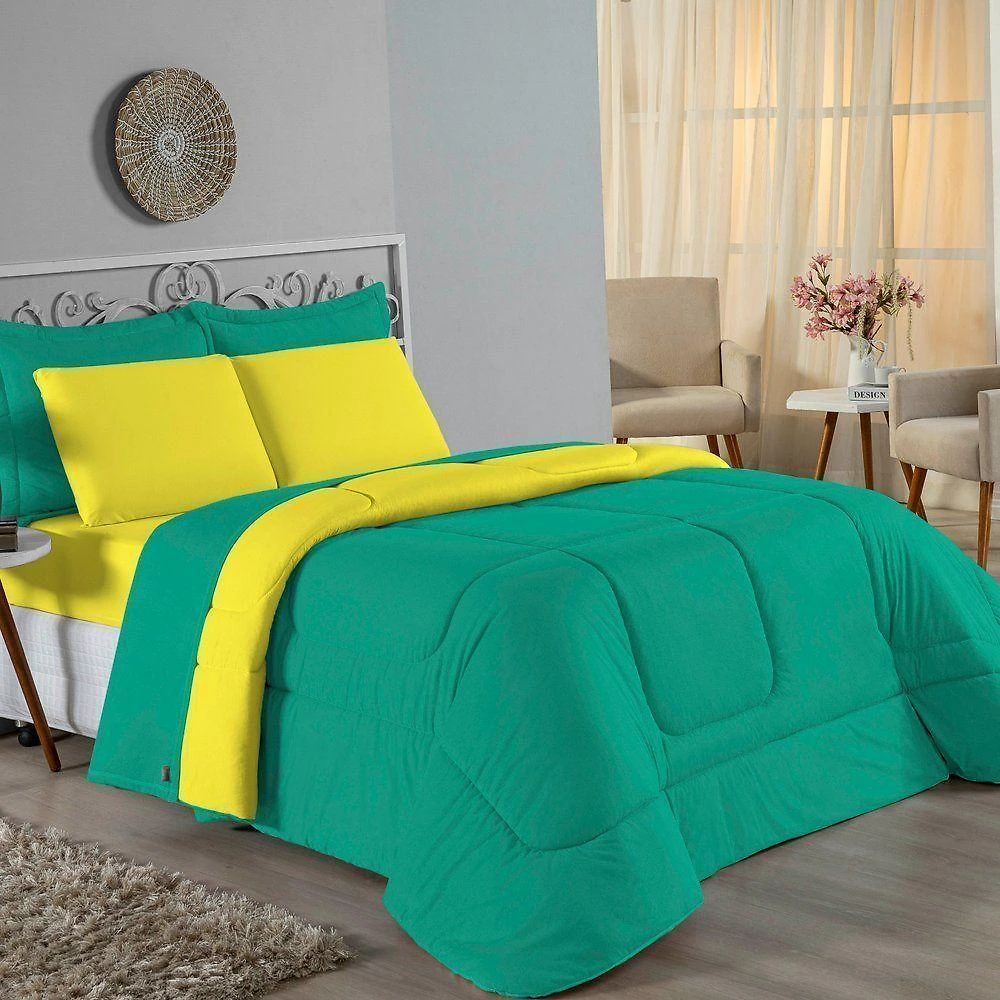Kit Edredom Dupla Face + Jogo De Lençol Casal Nobre 6 Peças Malha 100% Algodão - Jade / Amarelo