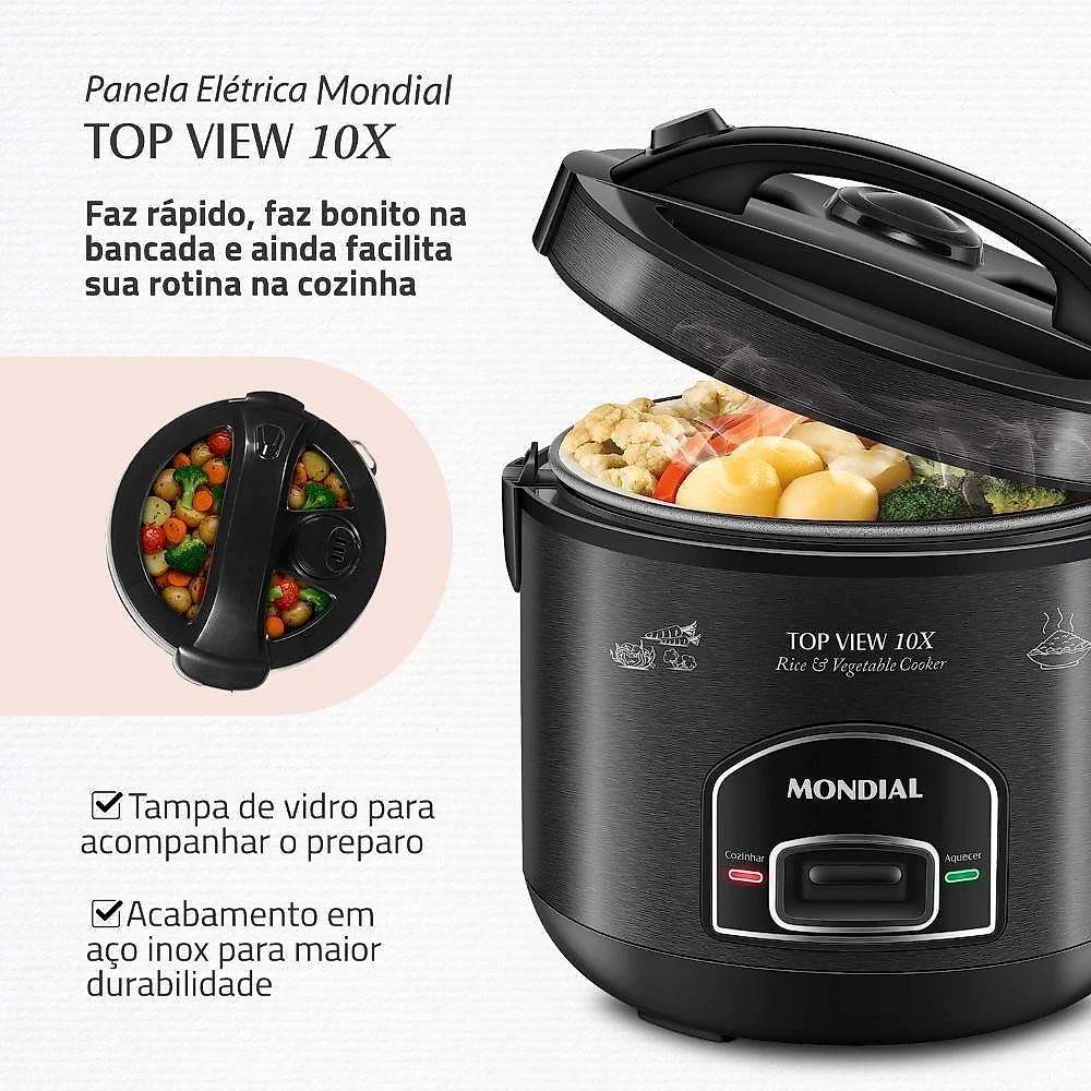 Panela Elétrica de Arroz Mondial Top View 10X PE-30-10X 700W Preto Tampa com Visor Antiaderente 110V
