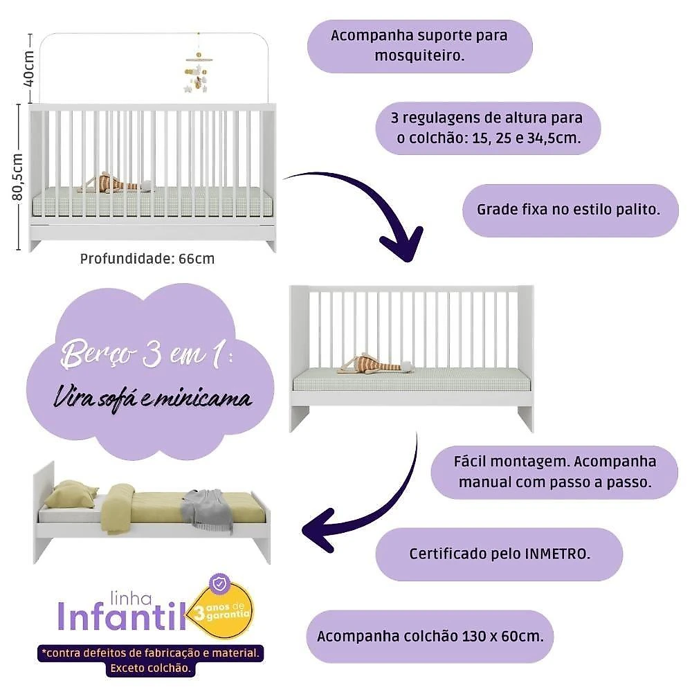 Quarto De Bebê Completo Com Berço 3 Em 1 Com Colchão Incluso Aurora Multimóveis MP4580 Branco