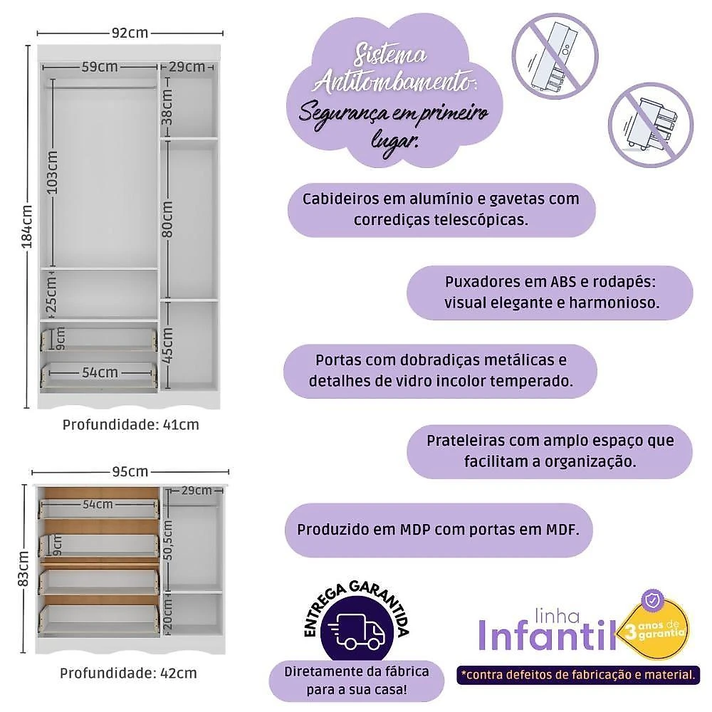 Conjunto de Quarto Liz com Berço 3 em 1 Guarda Roupa Cômoda 6 Gavetas 4 Portas MDP-MDF Branco