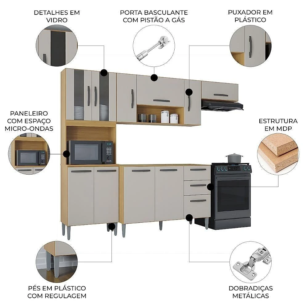 Armário de Cozinha Livy Z46 11 Portas 2 Gavetas MDF-MDP 244CM Mpozenato