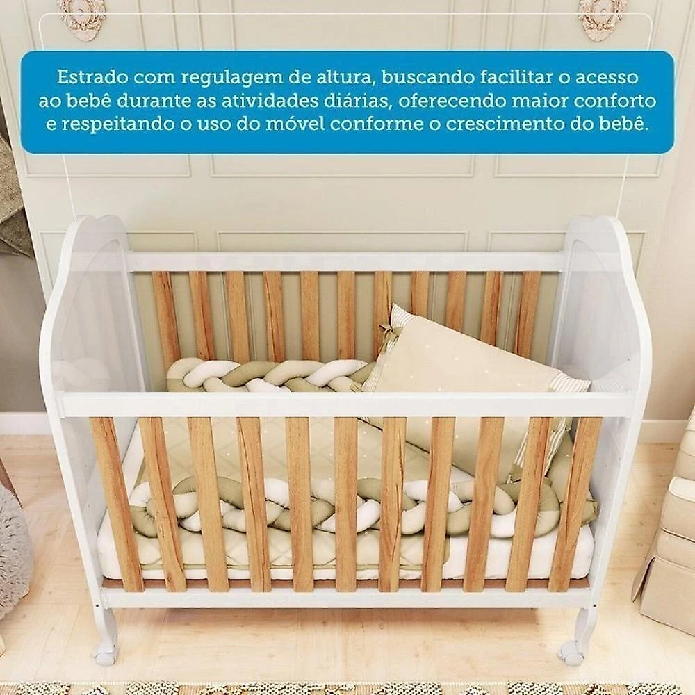 Quarto de Bebê com Guarda-roupa Cômoda e Berço com Capitonê 100% Mdf Maya Provençal Espresso Móveis Branco Brilho/Amêndoa/Branco