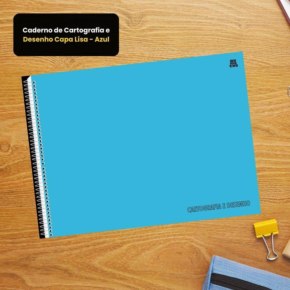 Caderno de Cartografia e Desenho Capa Lisa Azul 60 Folhas Espiral Azul
