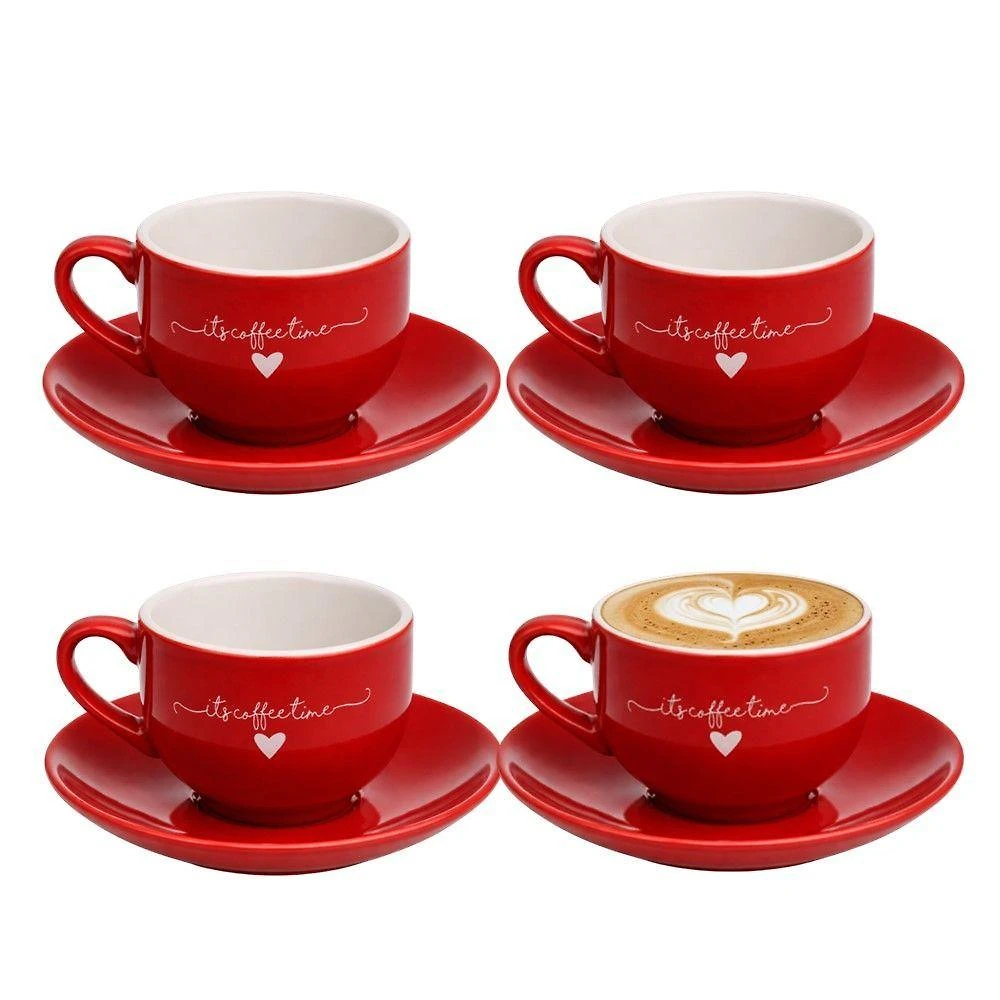 Jogo de Xícaras de Chá Cappuccino Lamour Porcelana 160ml com Pires Vermelho Hauskraft