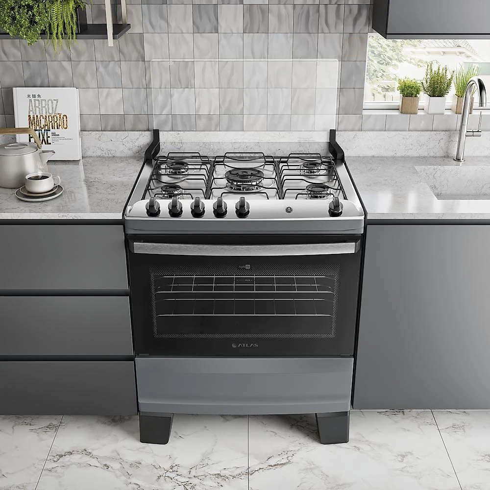 Fogão 5 Bocas Atlas Agile Up Com Mesa De Inox A Gás Bivolt Titanium