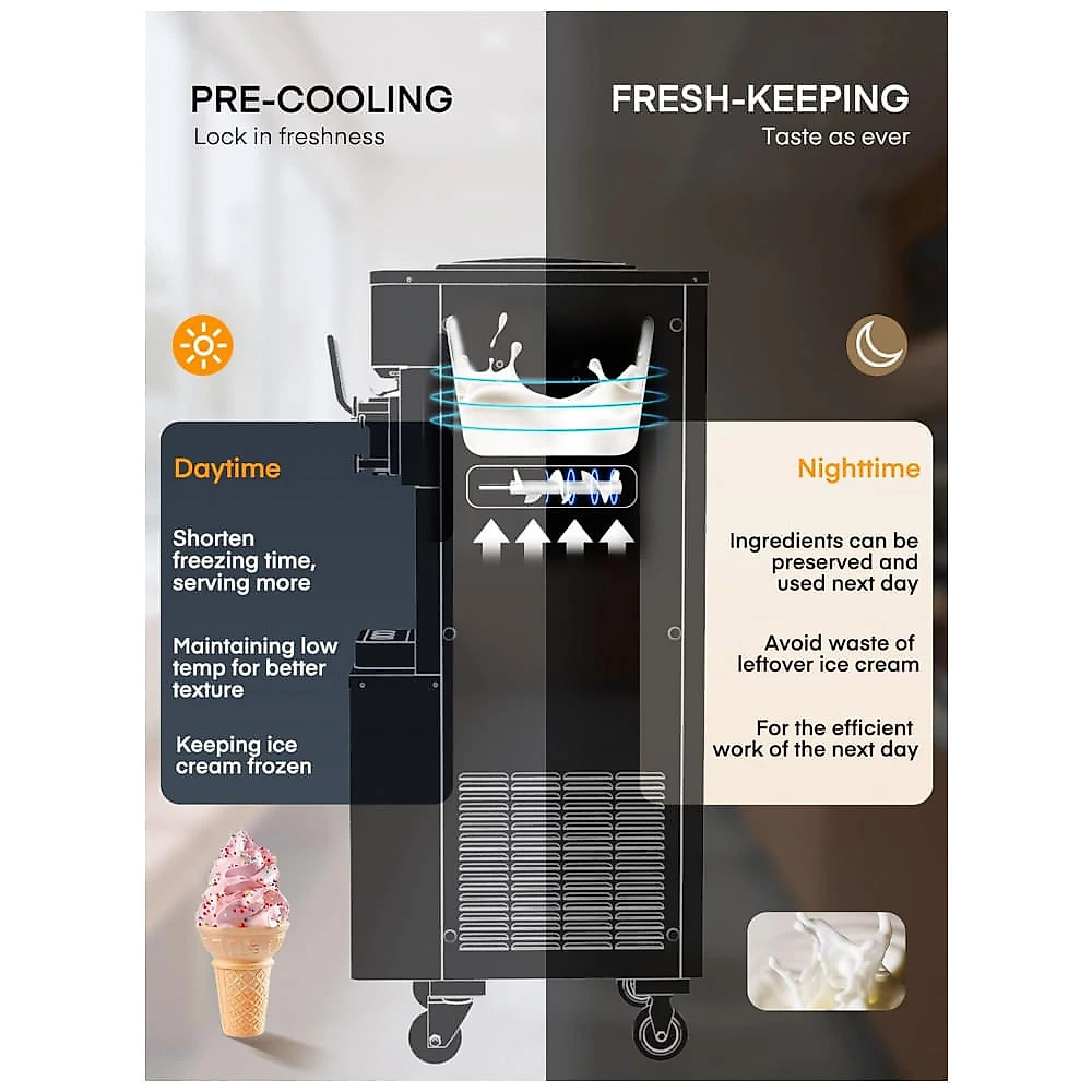 Máquina Comercial de Sorvete FOHERE 3 Sabores 25-32 L/h, Prata, Funil 14 L, Painel LCD Touch, Auto Limpeza, 825B, 2200W