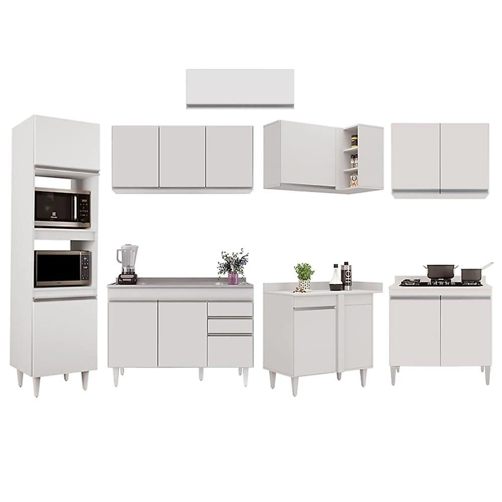 Armário De Cozinha Modulada De Canto 8 Peças Cp03 Balcão Com Pia Inox Branco - Lumil