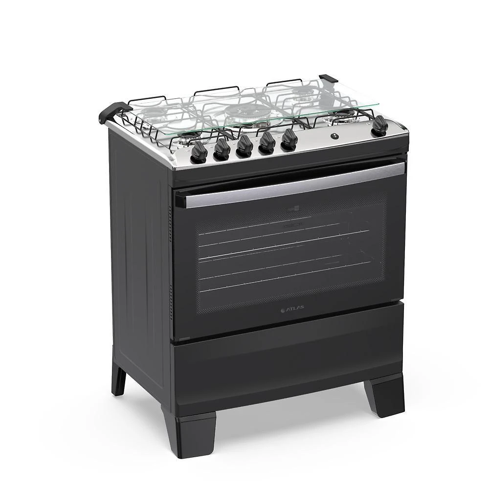 Fogão 5 Bocas Atlas Agile Up Com Mesa De Inox A Gás Bivolt Preto