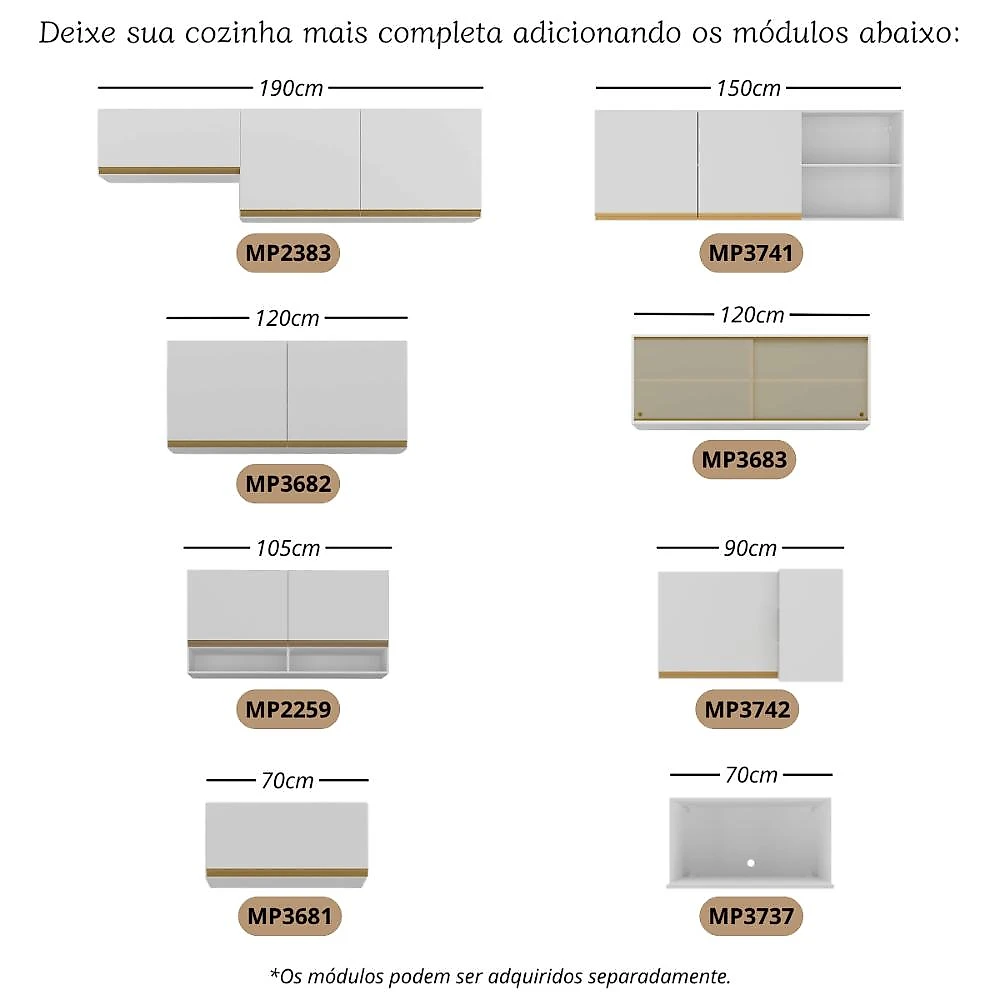 Armário de Cozinha Modulada Completa com Balcão e Rodapé 190cm Veneza Multimóveis MP2454 Cozinha Modulada Completa 190cm Veneza Multimóveis MP2454 - Branco