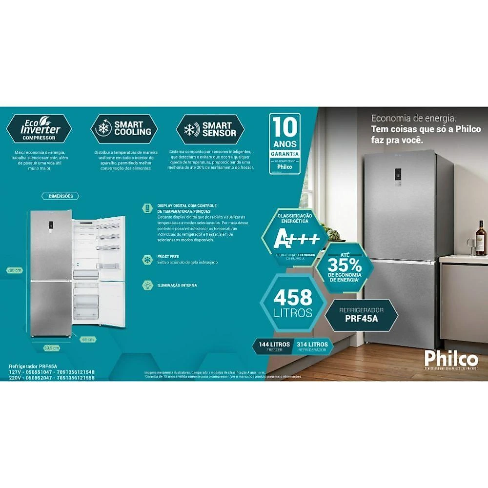Geladeira Duplex Philco 458L Frost Free PRF45A Inox 110V
