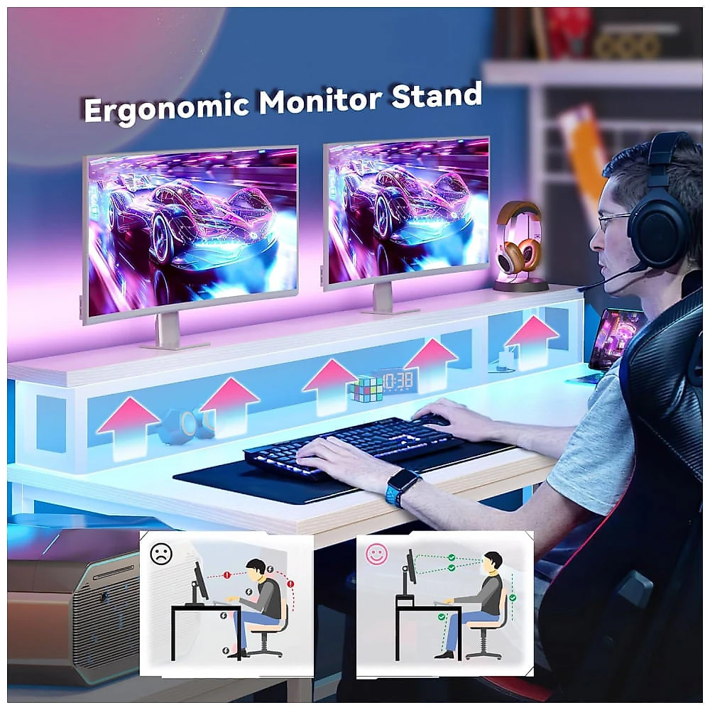 Mesa Gamer em L EnHomee 160 cm com Luzes LED e Tomadas Elétricas, Design Reversível com Prateleiras de Armazenamento e Ganchos, Suporte para Monitor