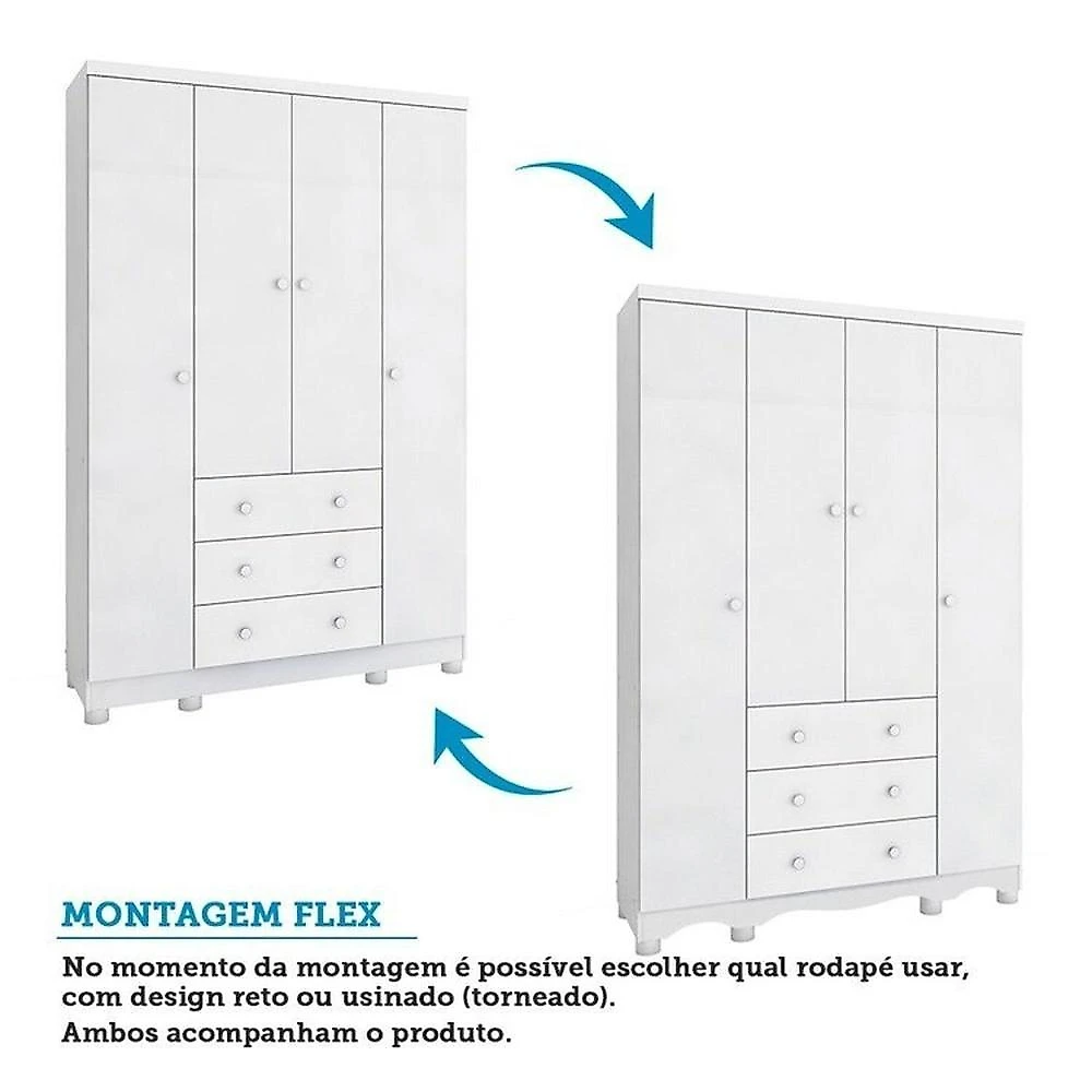 Quarto de Bebê com Guarda-roupa 4 Portas e Berço Minicama 100% Mdf Nina Espresso Móveis Branco Brilho