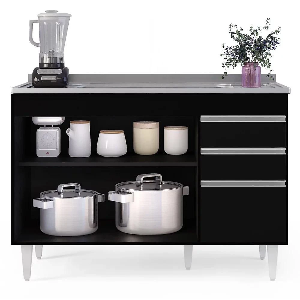 Armário De Cozinha Modulado De Canto Esquerdo 4 Peças Cp48 Com Pia Inox Preto - Lumil