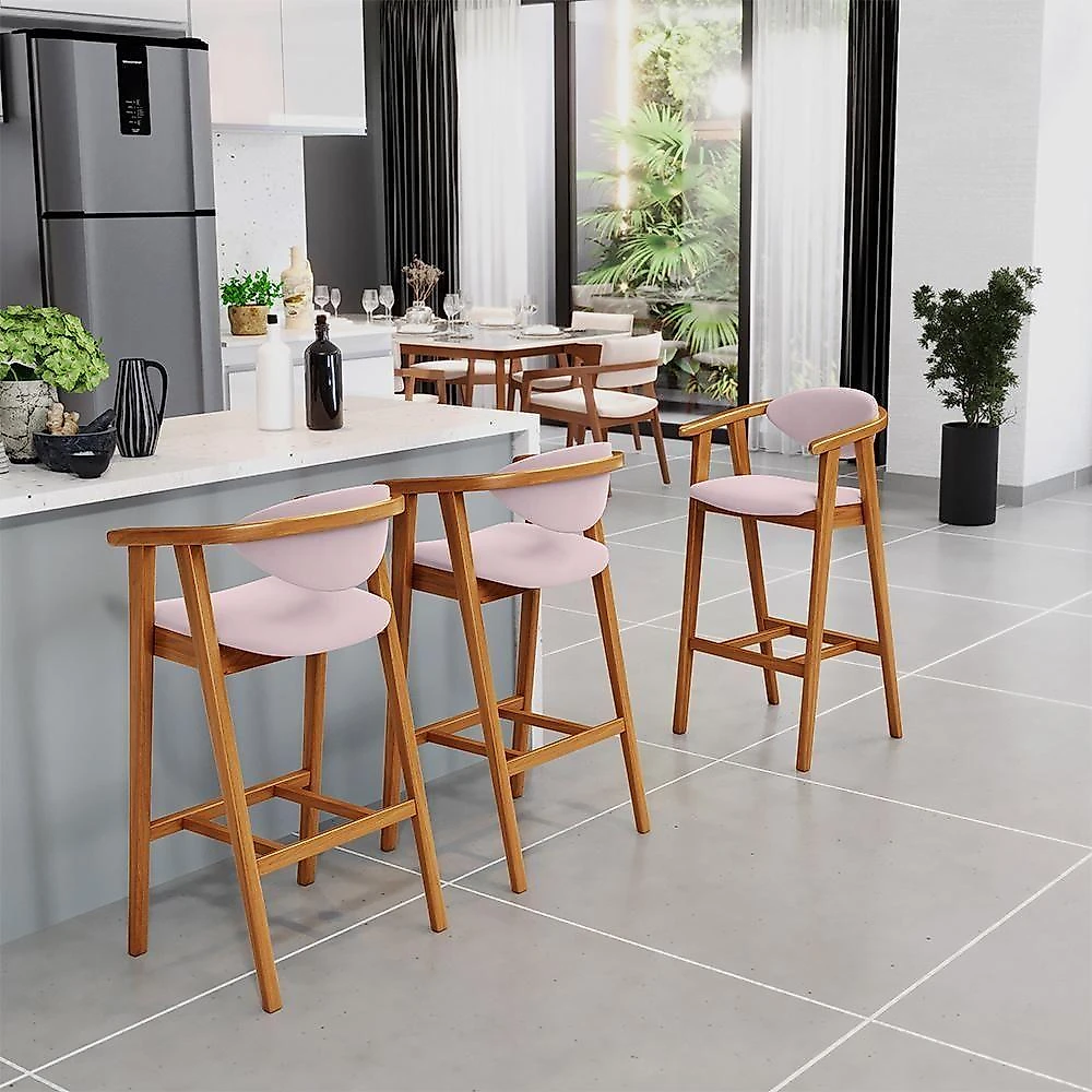 Kit 06 Banquetas Alta Para Cozinha Bancada Bar Sala De Jantar Fixa Cecília L02 Suede Rosê - Lyam