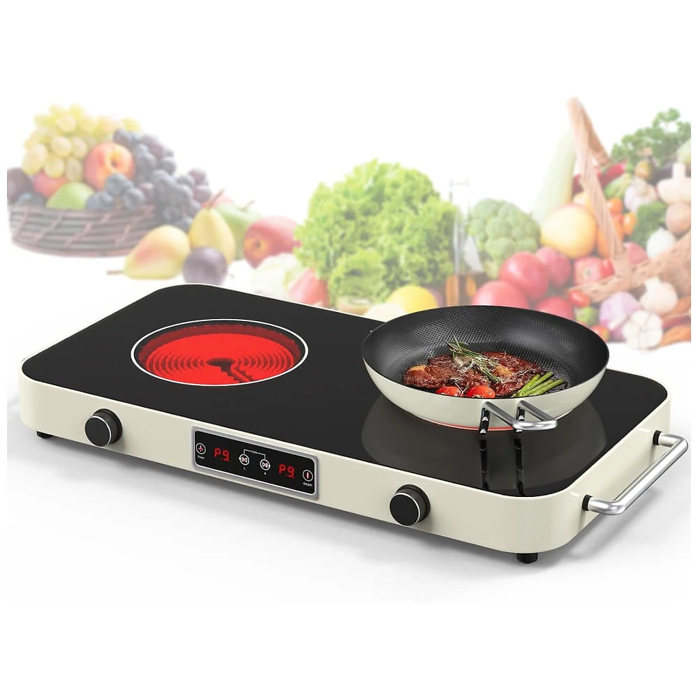 Cooktop Elétrico Portátil de Indução com 2 Bocas, 9 Níveis de Potência, Temporizador, 2 Alças, Controle de Botão e Trava de Segurança para Crianças,