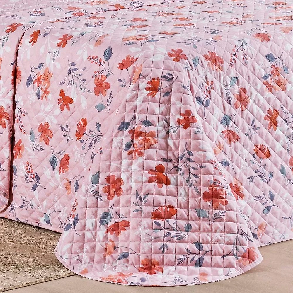 Kit cobre leito colcha belle queen estampado dupla face 400 fios 3 peças floral rosê