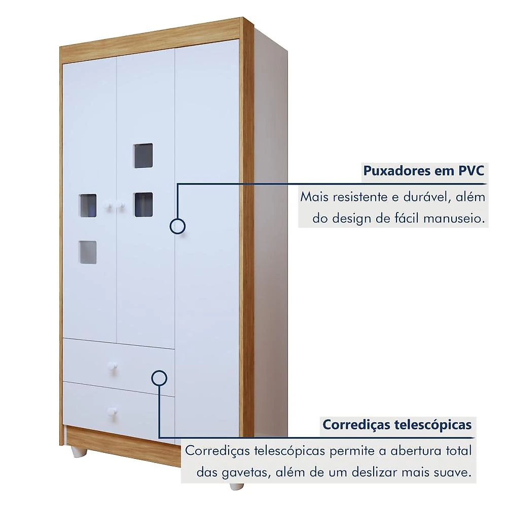 Quarto de Bebê 100% MDF Berço Minicama com Colchão, Cômoda e Guarda Roupa 3 Portas Life Branco/Ypê