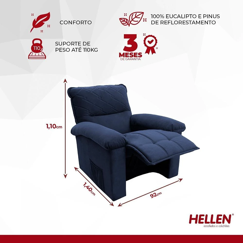 Miniatura Poltrona Retrátil Reclinável 1 Lugar Gavea Hellen Estofados Azul