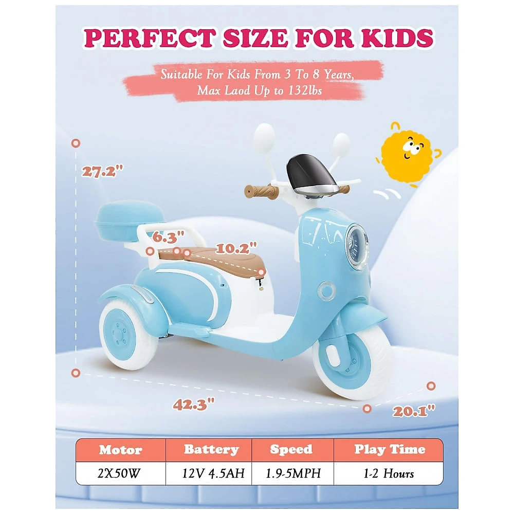 Moto Elétrica Infantil Letsgoride 12V Azul 2 Lugares 3 Rodas com Controle Remoto, Baú, Bluetooth, LED e Buzina 2x50W