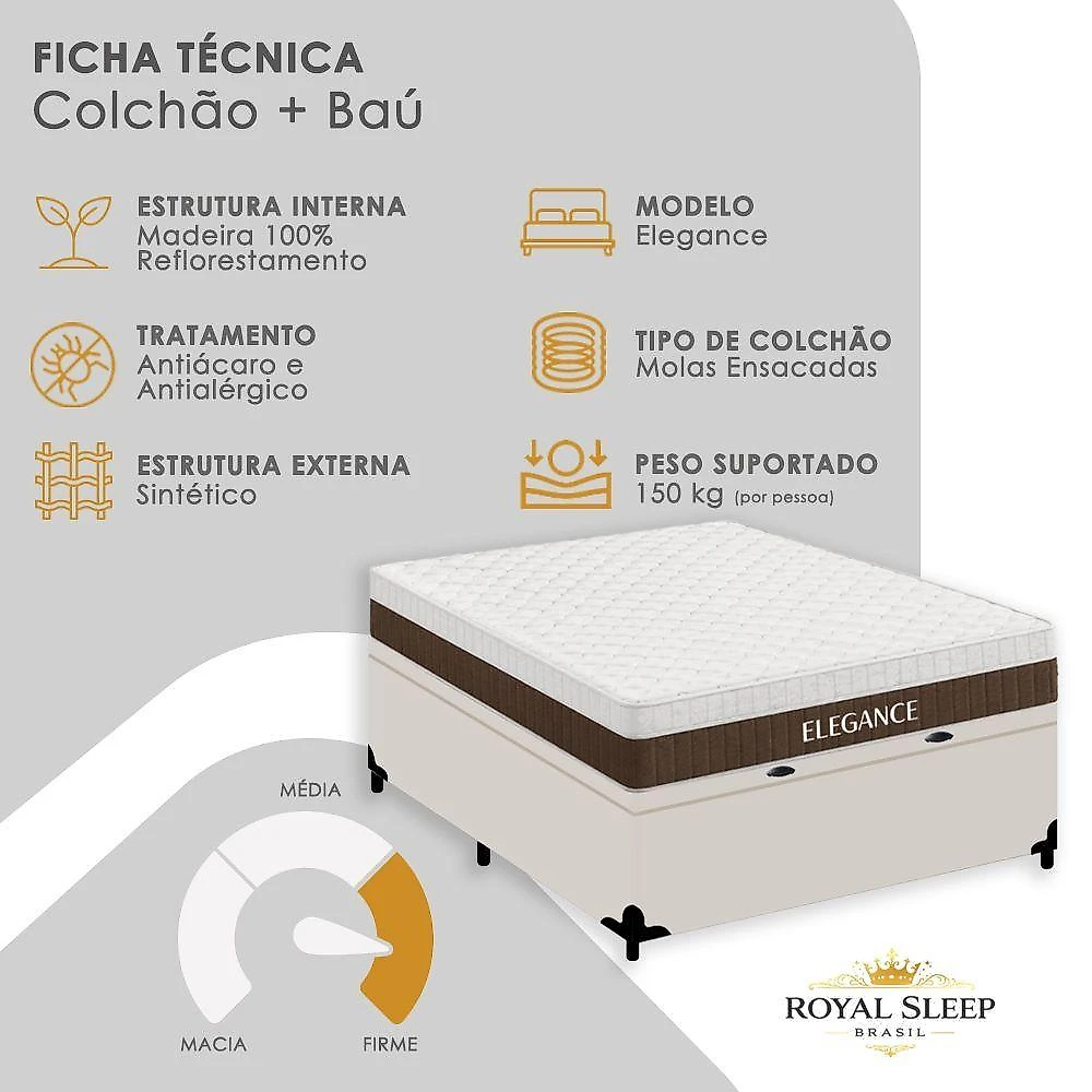 Cama Box com Baú Casal Elegance Euro Pillow Molas Ensacadas Tecido Branco Royal