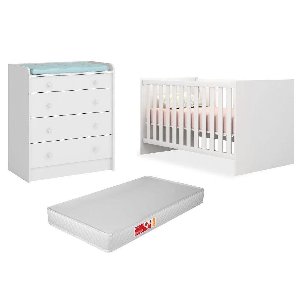 Quarto De Bebê Cômoda 2523 E Berço 1344 Certificado Pelo Inmetro Doce Sonho Com Colchão Branco - Qmovi