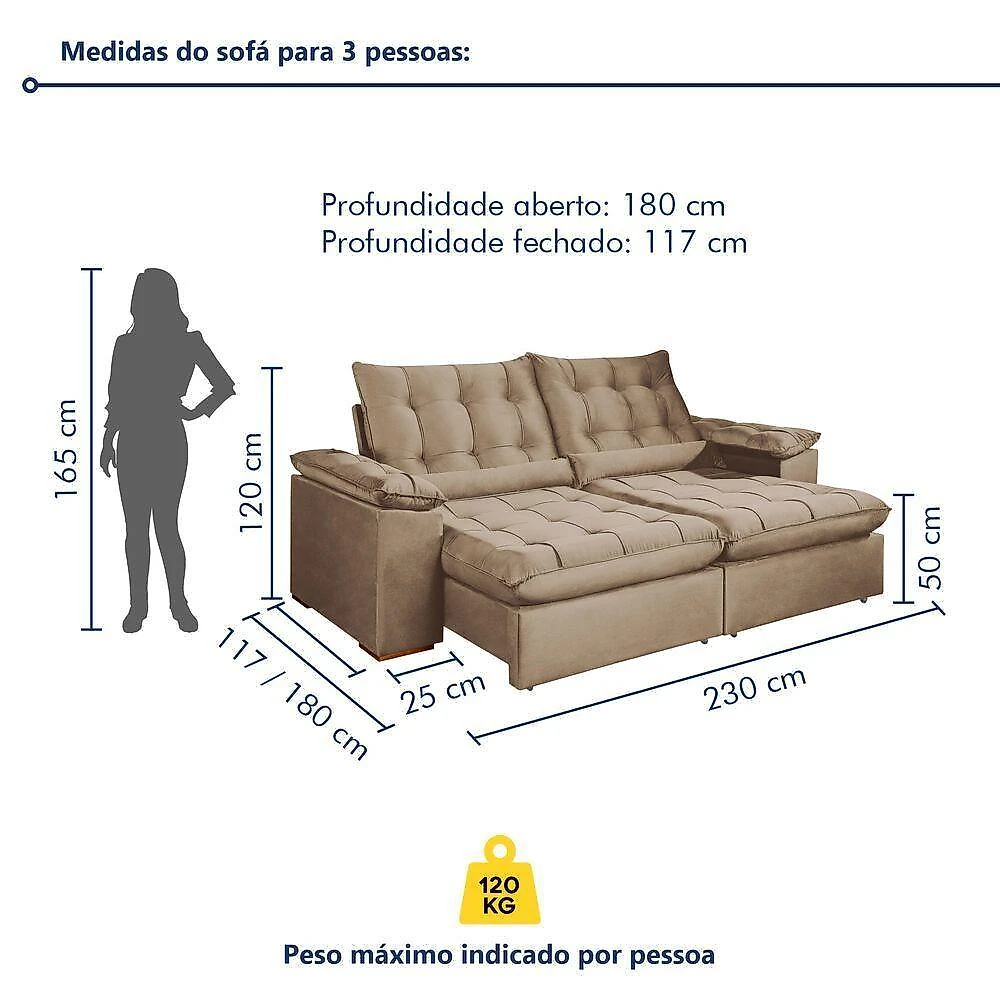 Sofá Valencia 3 Lugares Retrátil e Reclinável Bege Veludo Rei de Casa