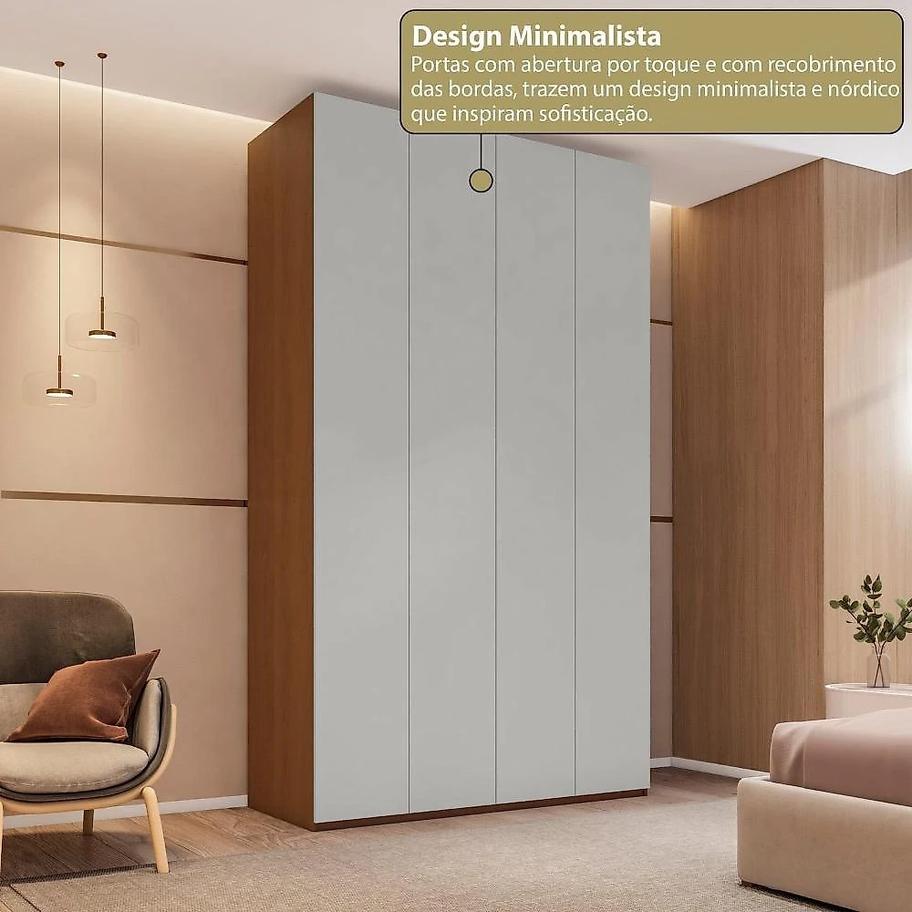 Guarda-Roupa 4 Portas 3 Gavetas Grande Rio Clean Minimalista Yescasa Freijó/Cinza