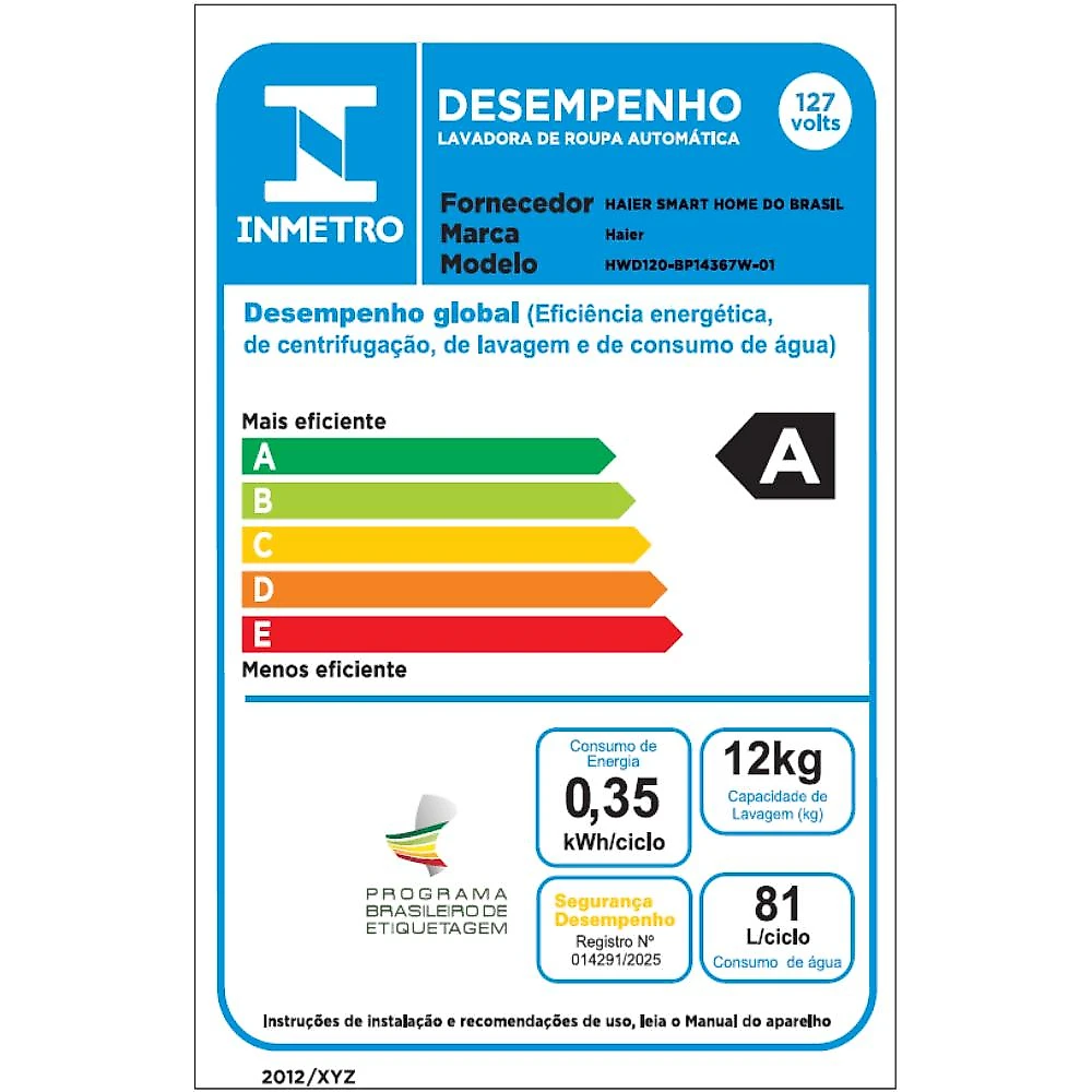 Lava e Seca Haier 12 Kg Series X7 Essence Wash Color AI Branca HWD120 127V