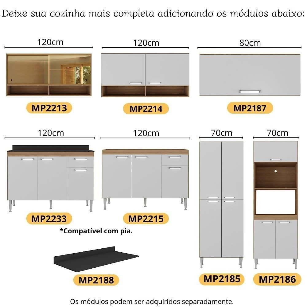 Armário Cozinha Modulada Compacta Com Vidros 270cm 3 Peças Paris Multimóveis Mp2297 Madeirado-Branco