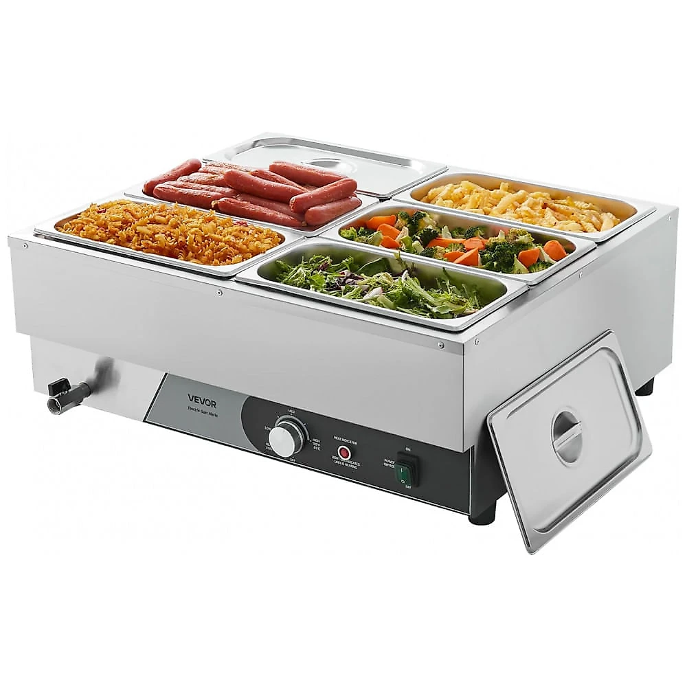 Aquecedor de Alimentos Buffet VEVOR 1500W Banho-Maria Inox 6 Cubas 1/3 Tampa Buffet 110V