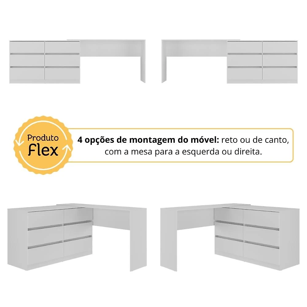 Penteadeira de Canto 120cm 6 Gavetas Flex Multimóveis MP4404 Branco