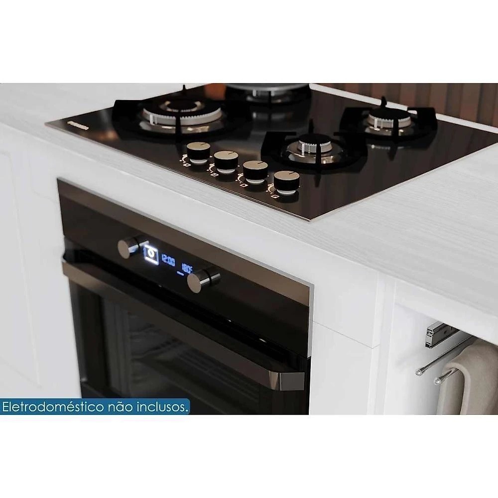 Módulo Cozinha Americana Balcão Com Tampo Para Forno De Embutir E Cooktop 80cm Branco2 Aéreos + 1 Balcão + 1 Complemento