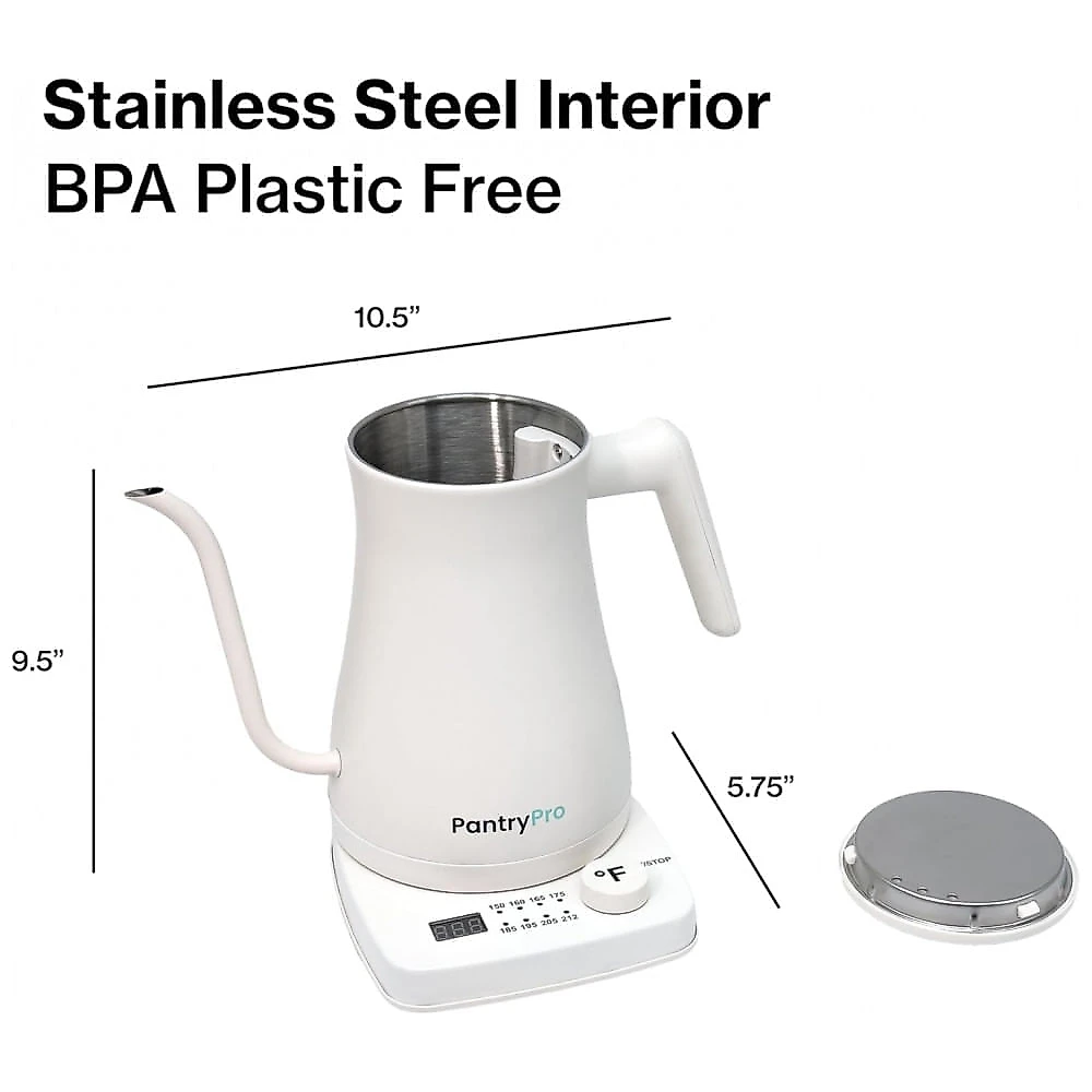 Chaleira elétrica pescoço de ganso PantryPro branca fosca 1L 1500W com controle de temperatura Rapid-Boil, 110V