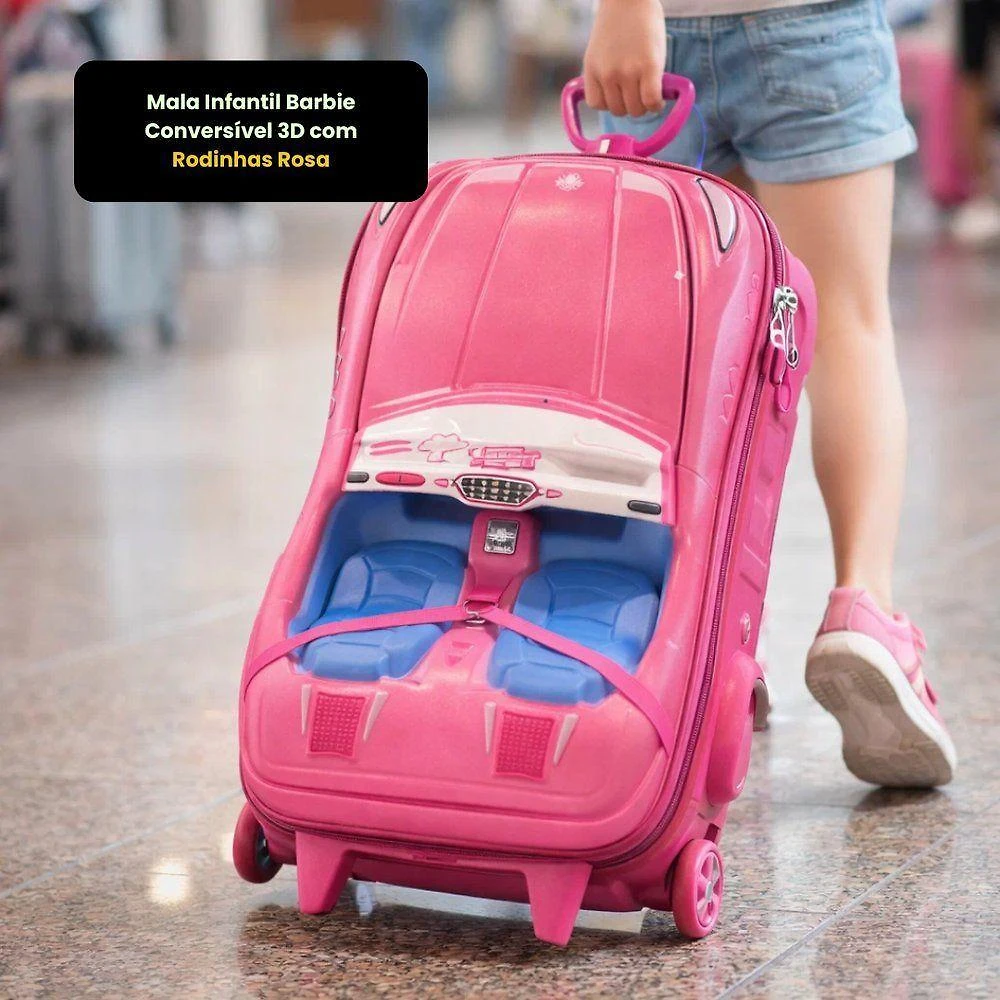 Mala Infantil 20L Poliester Rodinhas Triplas Giratorias Ziper Barbie Conversivel 3D Rosa Max Toy