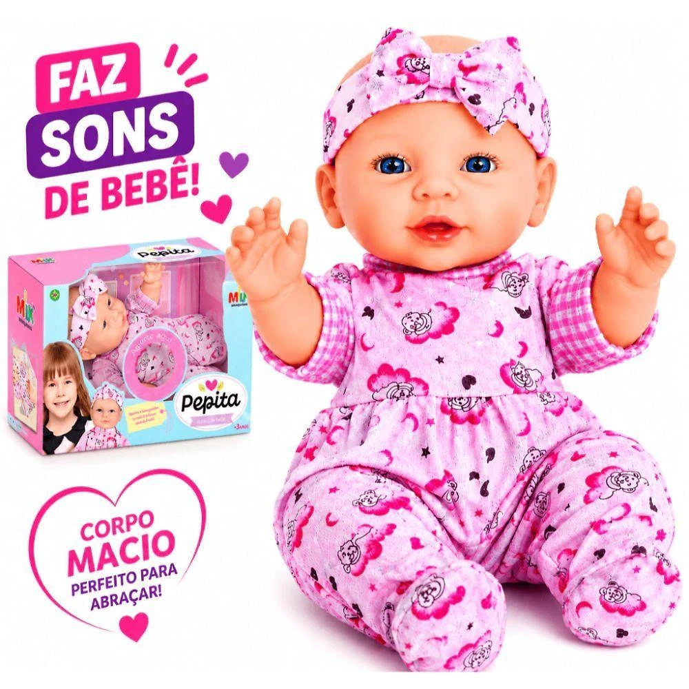 Boneca Pepita Que Fala com Sons de Bebê Emite Sons ao Apertar Barriga Rosto Realista 35CM Milk