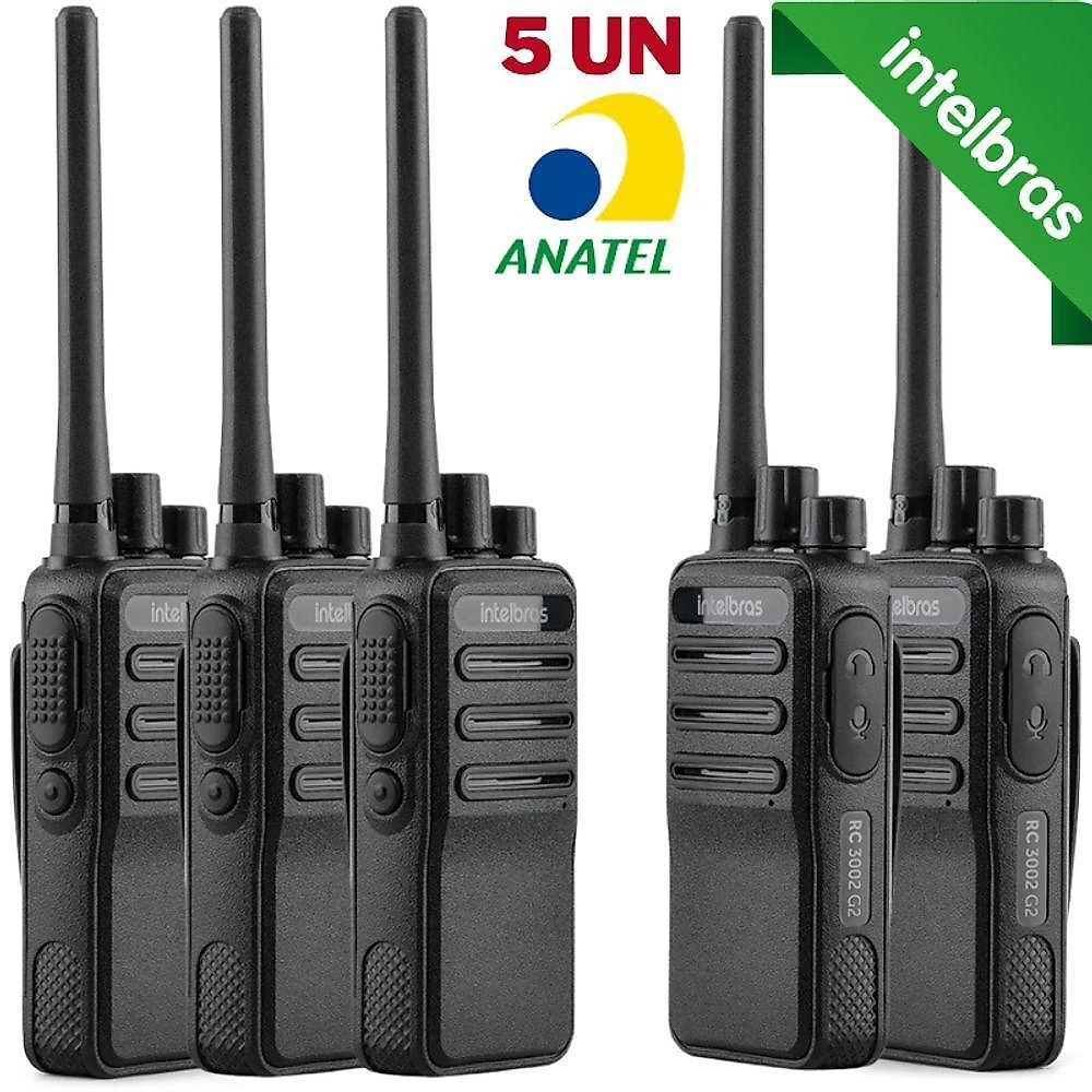 Kit 5x Rádio Comunicador Intelbras RC3002 G2 Walkie Talkie HT 16 Canais Banda FRS Bivolt