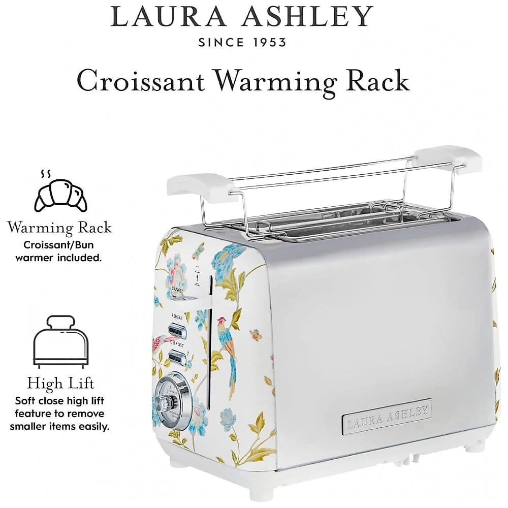 Torradeira 2 Fatias em Aço Inox Laura Ashley Branco com estampa floral Elveden, Slots Largos, 7 Níveis, Funções Descongelar, Reaquecer