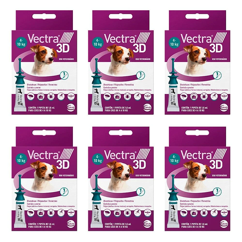 Kit Antipulgas e Carrapatos Ceva Vectra 3D para Cães de 4 a 10 Kg 1,6 mL - 6 Unidades