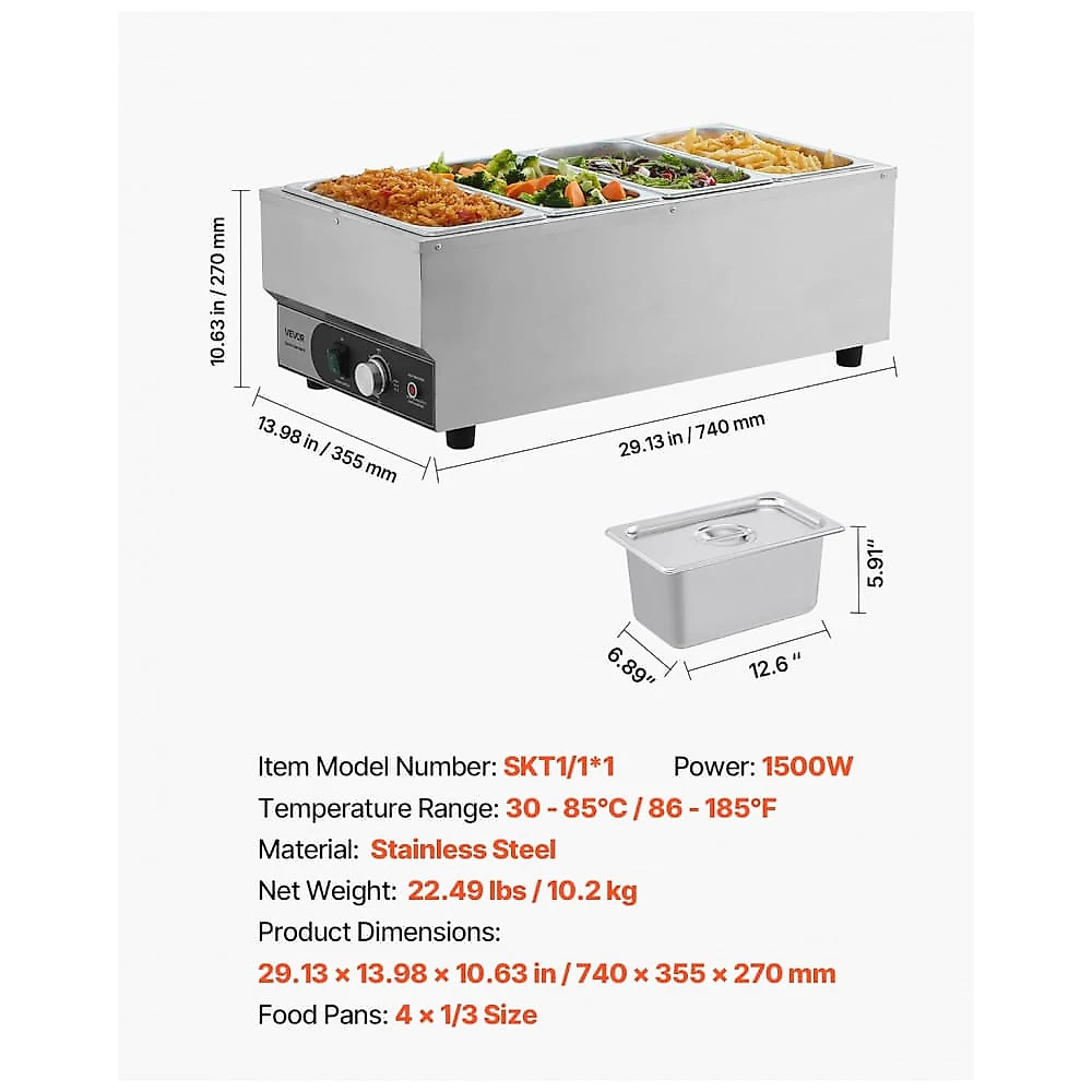 Aquecedor de Alimentos Buffet VEVOR Inox 4 Cubas Bain Marie 1500W 110V