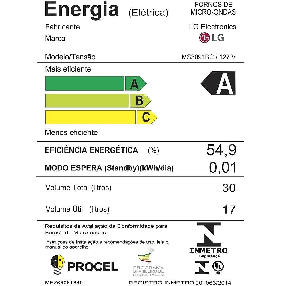 Forno de micro-ondas lg 30 litros ms3091 com função limpa fácil e descongelamento uniforme - preto e branco 110