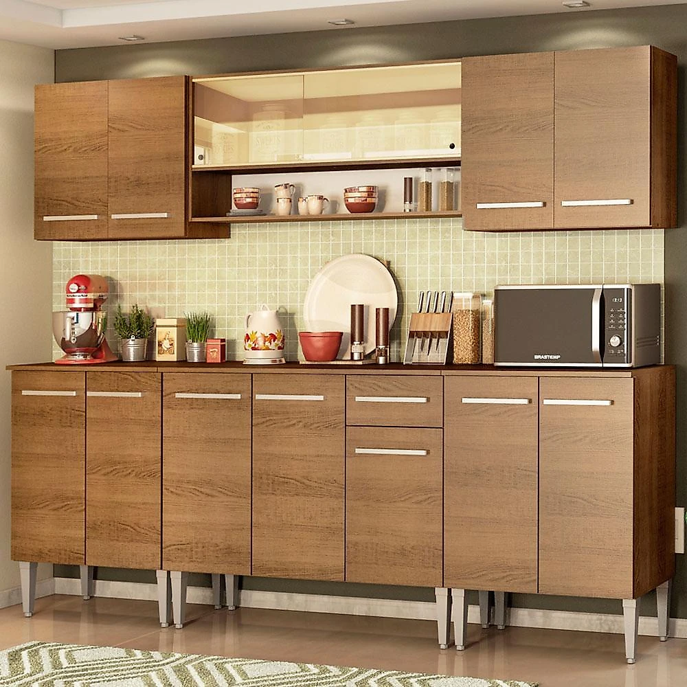 Cozinha completa madesa emilly smile com balcão e armário vidro reflex - rustic