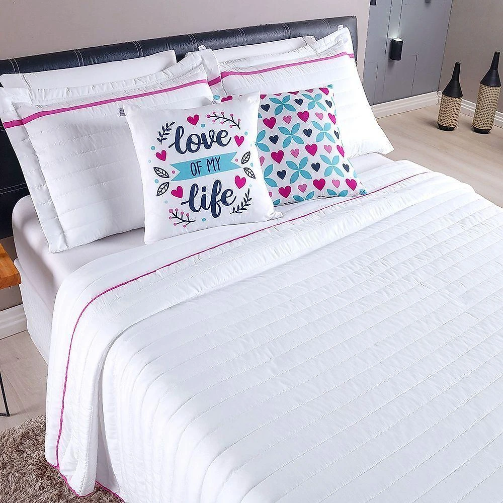 Kit Cobre Leito 5 Peças Queen Inove Percal 200 Fios 100% Poliéster - Love Branco/pink