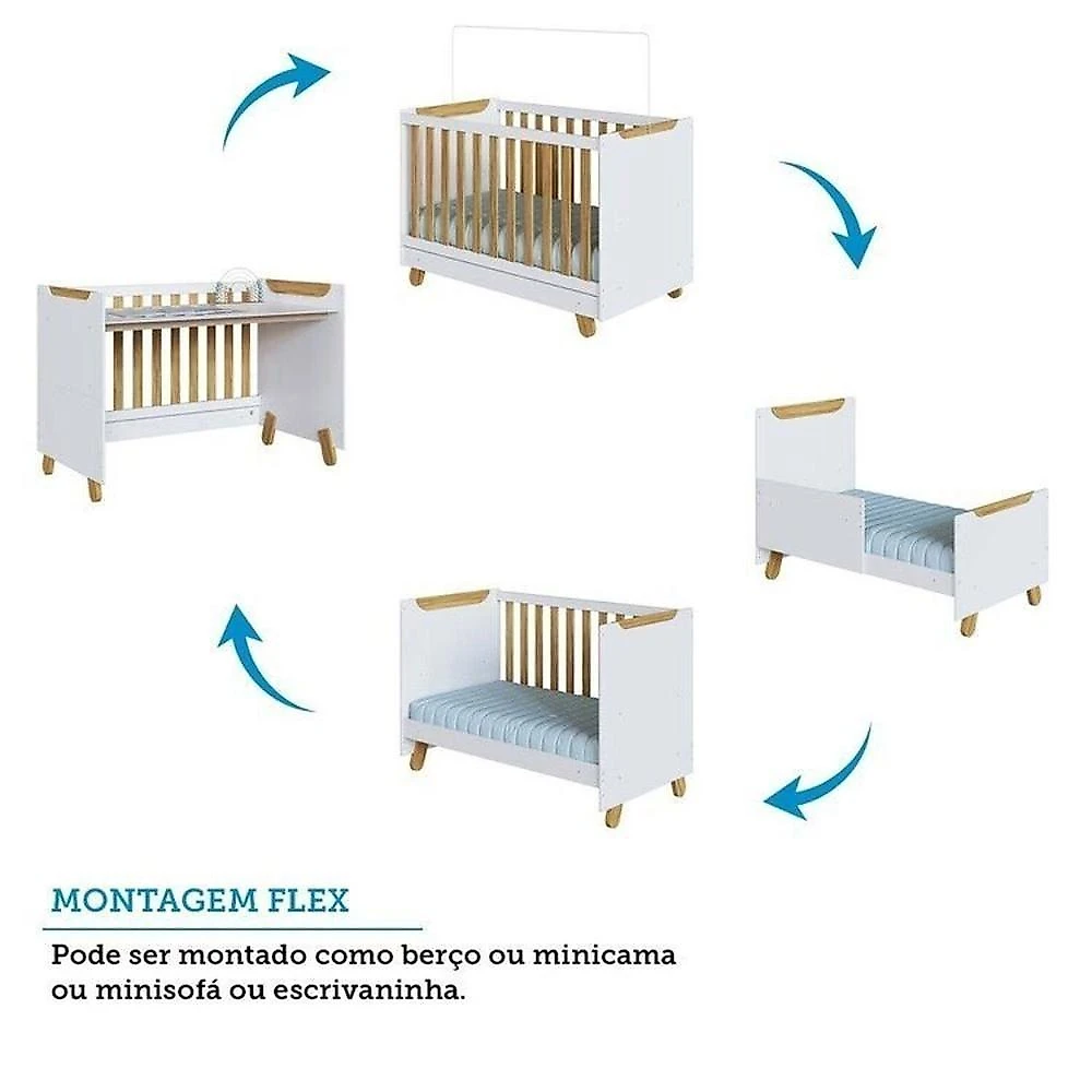 Quarto de Bebê com Cômoda 4 Gavetas e Berço 4 em 1 Minicama 100% Mdf Mike Espresso Móveis Branco Brilho/Amêndoa