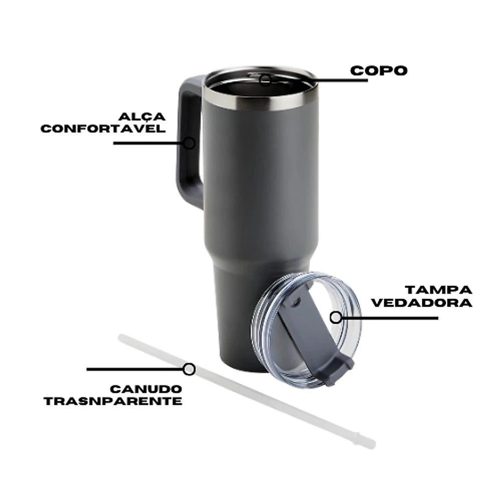 Copo Térmico Grande 1200 Ml Canudo Parede Dupla Preto