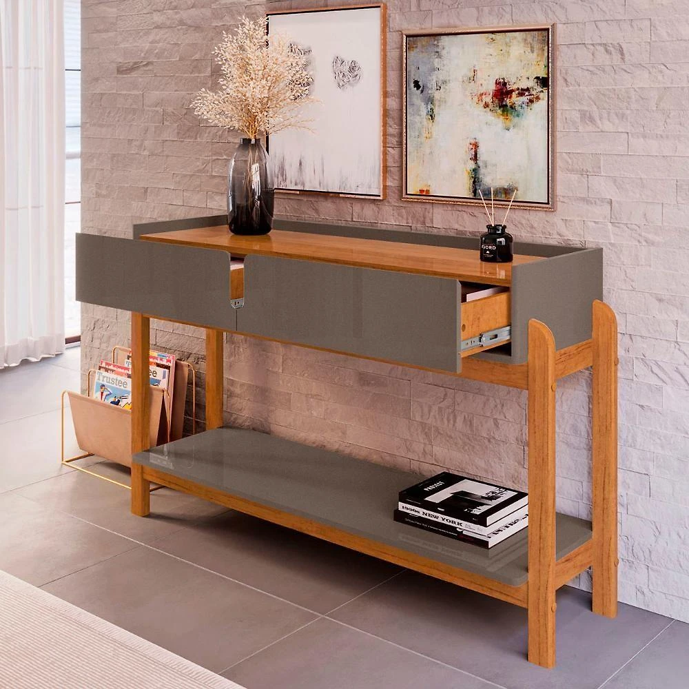 Aparador De Sala 2 Gavetas 130cm Nay C14 Cinza Perola/cedro - Mpozenato
