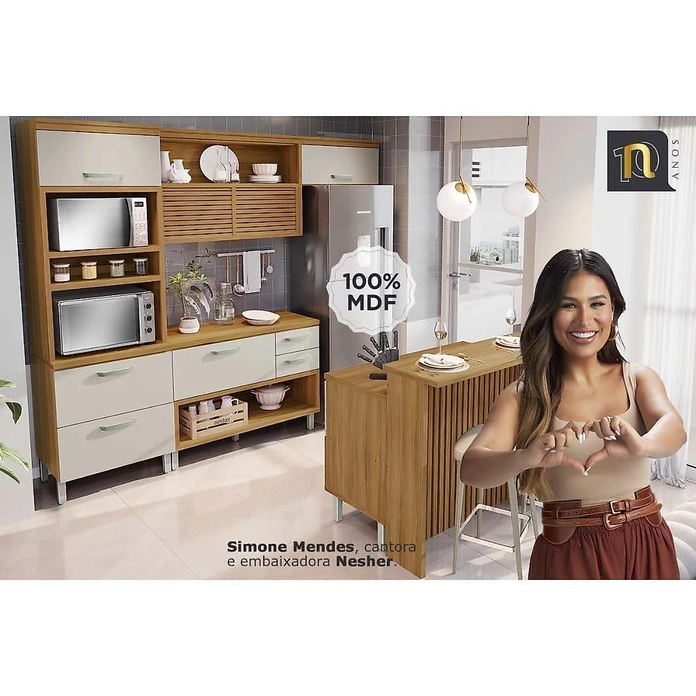 Gabinete De Cozinha Modulado Balcão Com Tampo Princesa Com 2 Portas E 3 Gavetas 120cm Freijó Off White